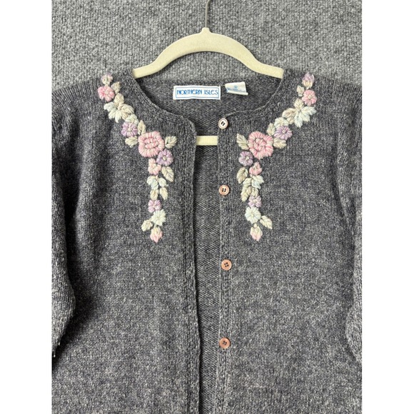 Northern Isles Cardigan Women Small Gray Vintage Wool Blend Floral Embroidered - Picture 3 of 8